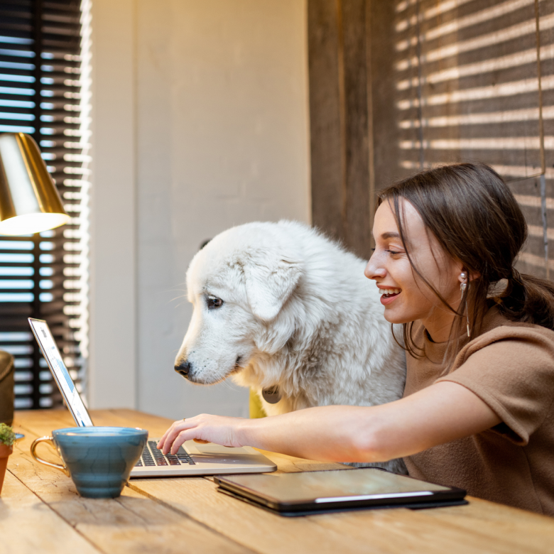 A woman and her dog looking at a computer.