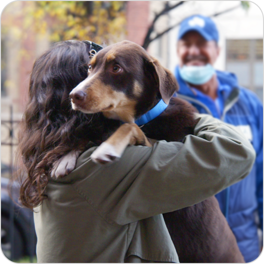 A woman holding her lost dog after being reunited.