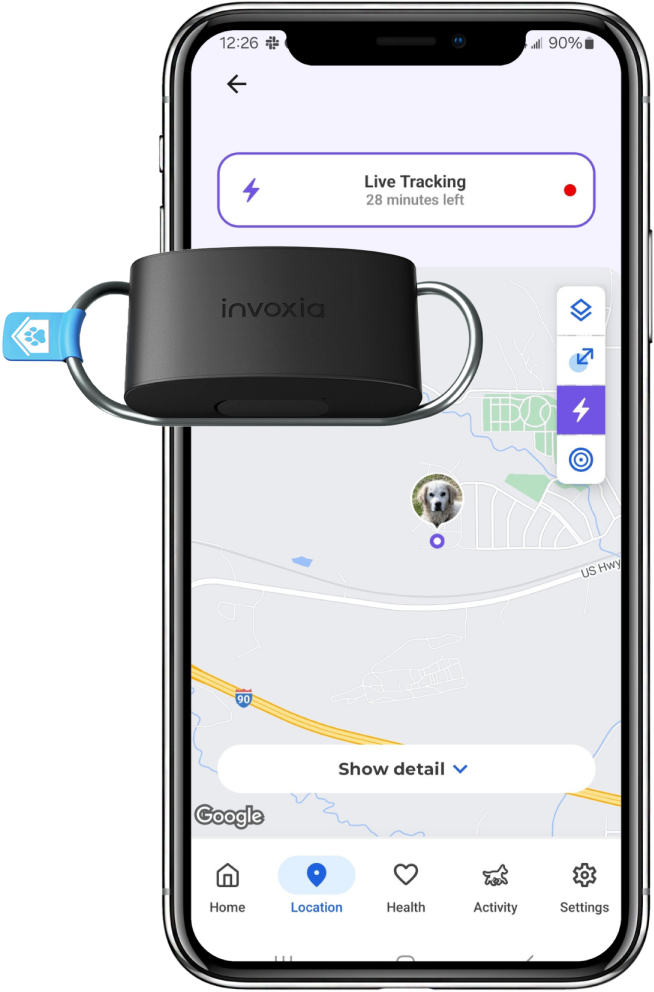 A smart tracker device is shown with a phone that displays a pet's location in real-time.