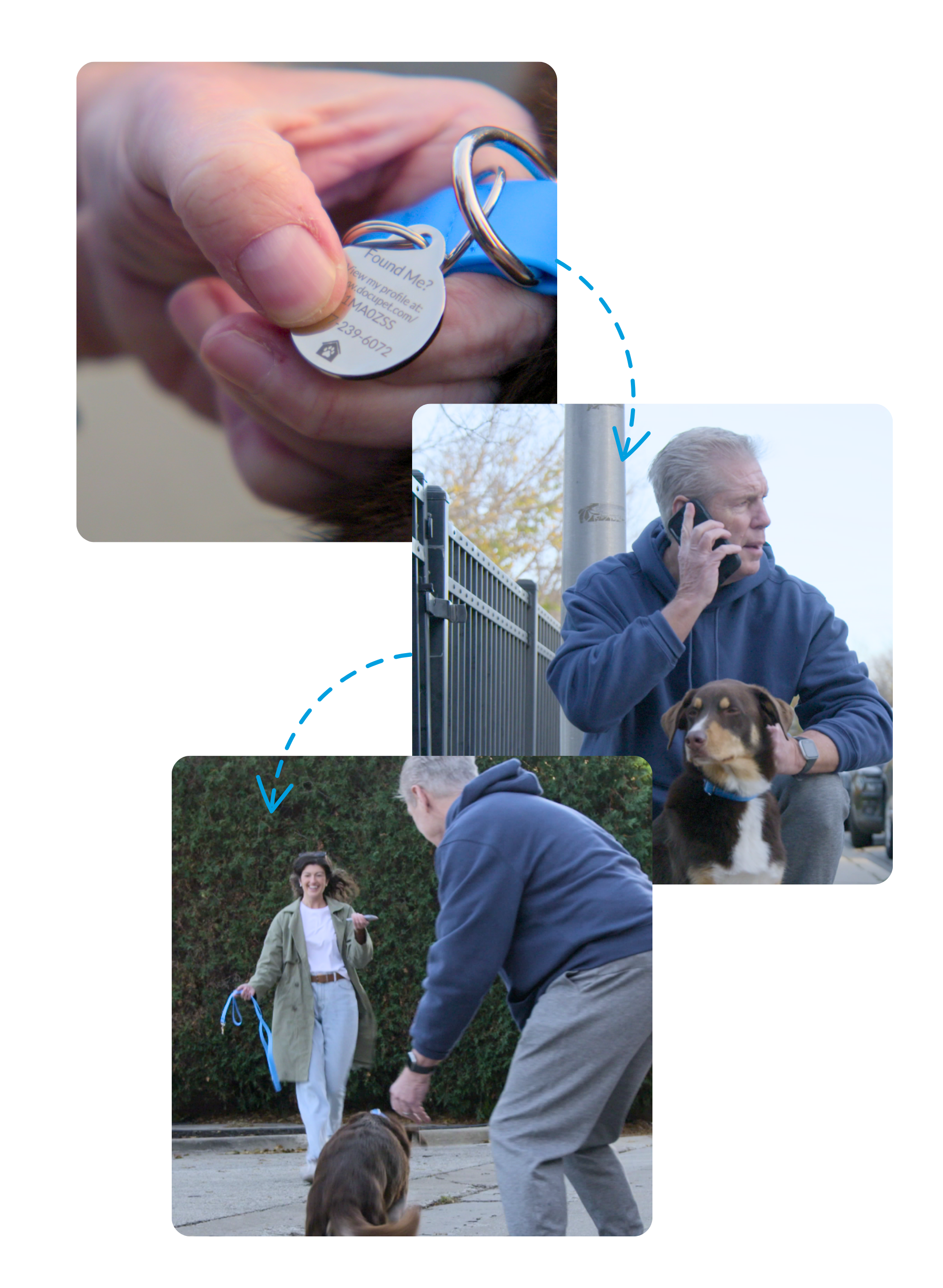 A hand holding a dog tag with the text found me? and a phone number. A man holds a dog while making a phone call. A woman runs towards the man holding a dog.