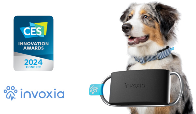 A Smart Tracker device is shown with a dog and the CES Innovation Award it received in 2024.