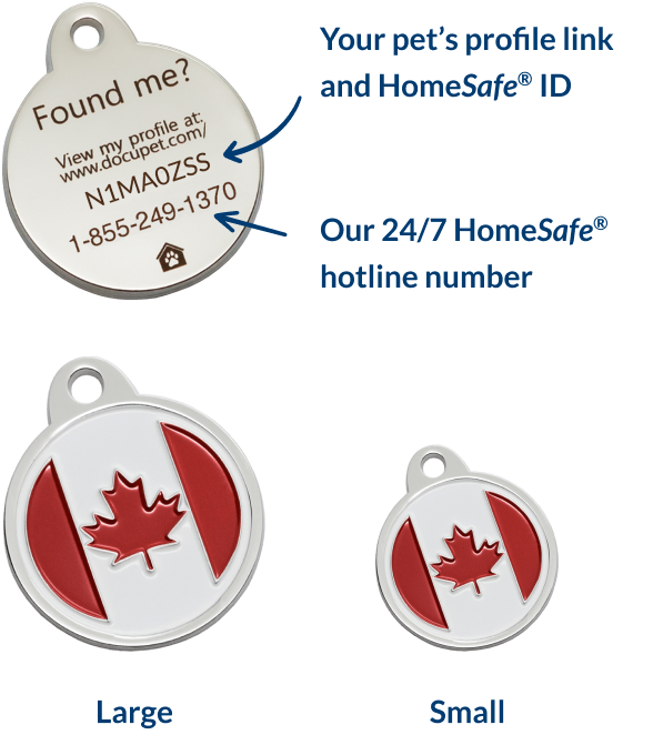 Back of dog tag with text: Found me? The front of a dog tag comes in two sizes, with the US flag in red, white and blue.