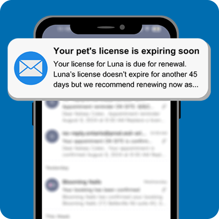 A cell phone notification with the text Your pet's license is expiring soon.