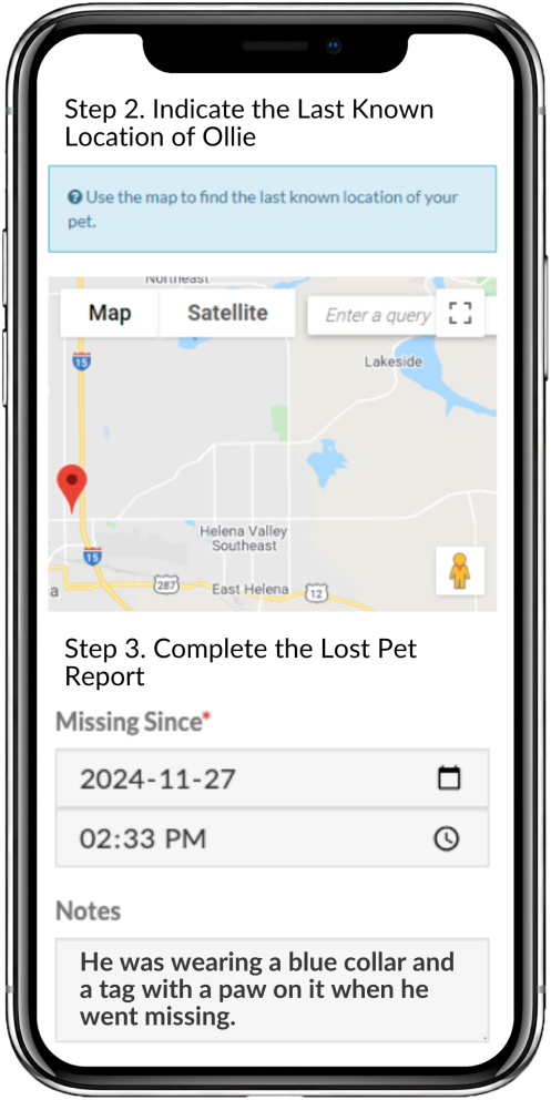 A lost pet report is shown on a mobile phone.